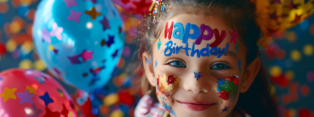 Fototapeta premium A joyful young girl with brown hair and colorful face art celebrates her birthday, surrounded by vibrant balloons and festive decorations.