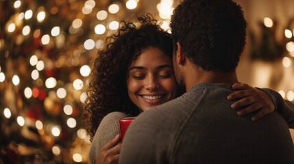 Fototapeta premium Festive scene of woman hugging man with red gift, blurred Christmas tree and warm lighting in the background, holiday celebration