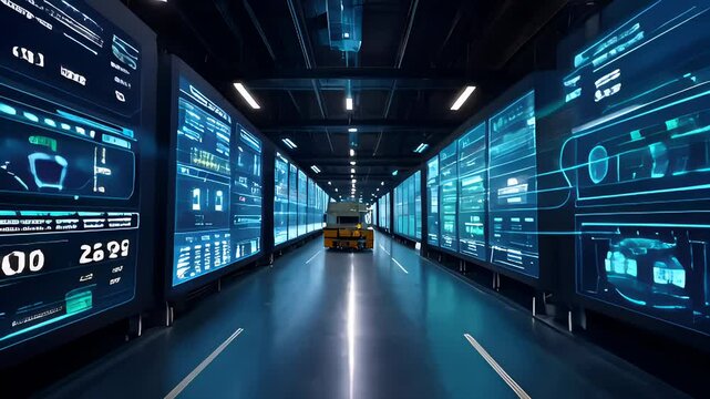 A futuristic scene showcasing a transport hub filled with interactive digital displays.