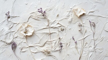 Handcrafted paper texture with embedded dried flowers and natural elements scanned in high resolution with subtle color variations
