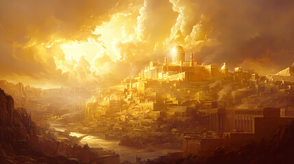 Fototapeta premium The new jerusalem: the city of god descending from heaven - picture a scene where the new jerusalem descends from heaven, a city of pure gold, shining with the glory of god. Transcendent. Illustration