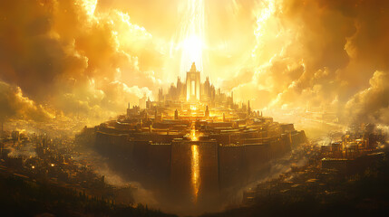 Naklejka premium The new jerusalem: the city of god descending from heaven - picture a scene where the new jerusalem descends from heaven, a city of pure gold, shining with the glory of god. Transcendent. Illustration