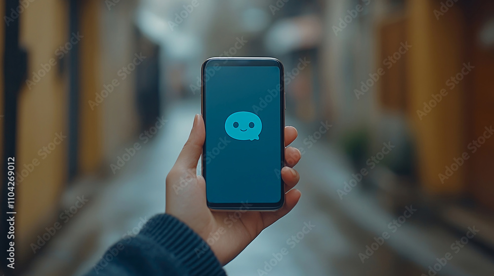 Poster a person is holding a smartphone with a chat application on the screen while standing in a dimly lit