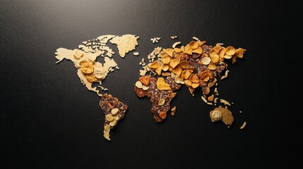A creative representation of a world map made from various cereals on a dark background, highlighting a unique food art concept.
