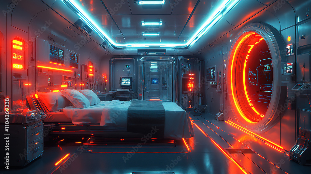 Poster futuristic bedroom with glowing lights and high-tech features in a sci-fi setting. generative ai