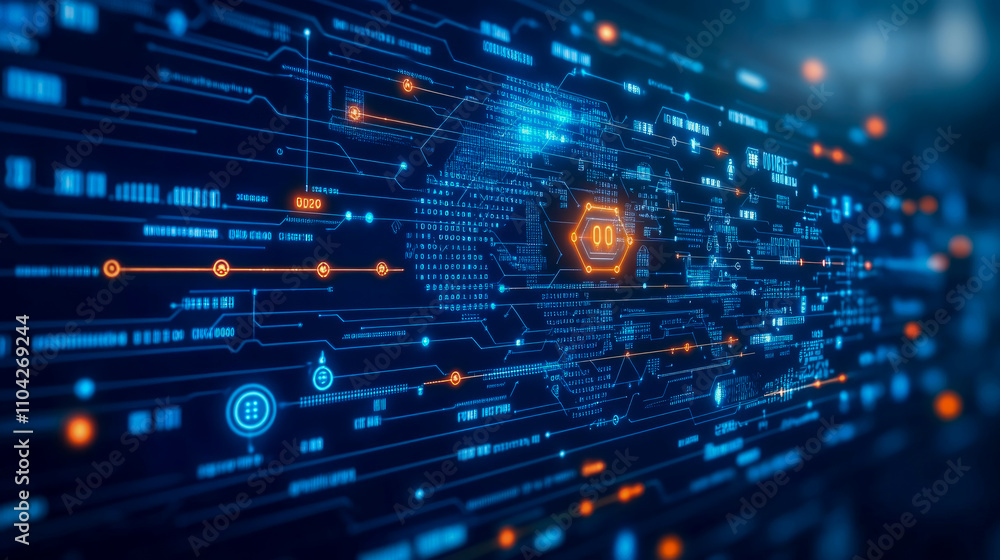 Poster bright blue digital backdrop showcases intricate data patterns and network connections, illustrating