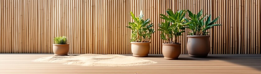 Fototapeta premium Minimalist balcony with raked sand in small pots and bamboo fencing