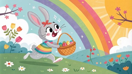 Naklejka premium Cute bunny running with a basket of Easter eggs under a colorful rainbow background