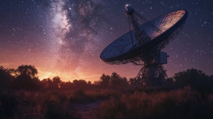 A massive satellite dish stands in a serene landscape, reaching toward the starry sky and the swirling Milky Way.