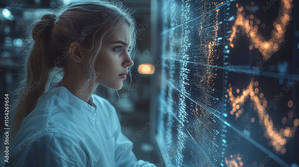 Aufkleber young scientist analyzes data trends in a modern laboratory setting during evening hours. generative