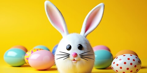 Cute Easter bunny with colorful eggs on yellow background