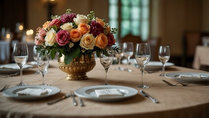 Beautifully set table with flowers for a festive event.1