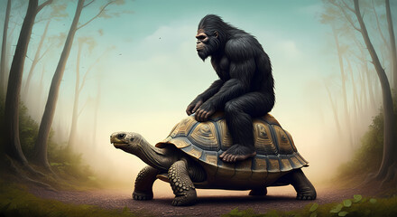 Bigfoot Sasquatch Riding on the Shell of a Giant Tortoise Turtle, Cryptid Creature in the Forest Woods, Nature Illustration