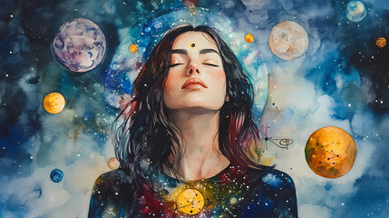 Naklejka premium Watercolor painting of a beautiful woman meditating surrounded by planets and zodiac signs. Transcendent. Illustration