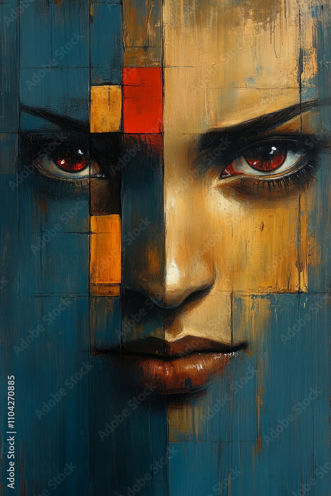Poster vivid abstract artwork features a striking portrait with bold colors, emphasizing the subject's inte