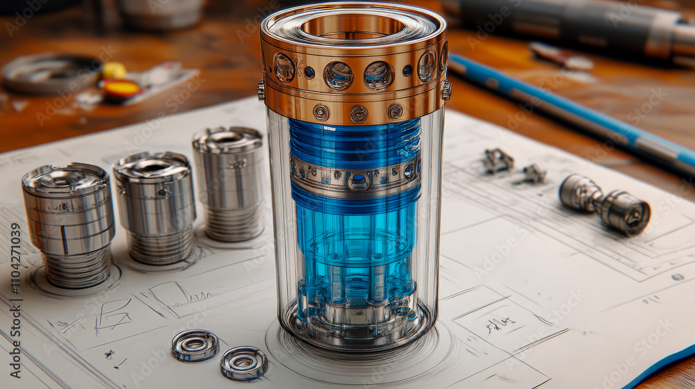 Poster a sleek glass and metal component rests on a workspace filled with precision tools and designs, hint