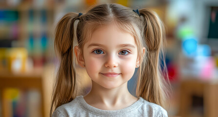 Fototapeta premium Smiling caucasian young girl with pigtails in classroom setting