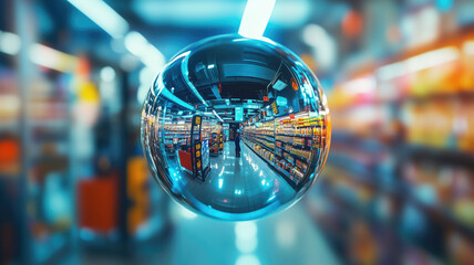 Close-up of a security camera's lens reflecting panorama of supermarket. Generative AI illustration
