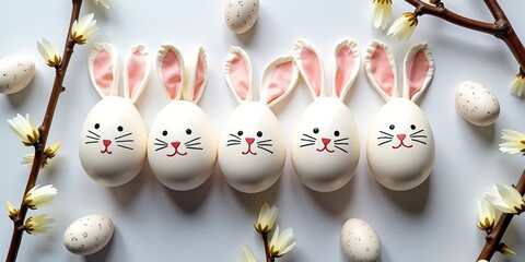 Easter bunny eggs with spring flowers on white background