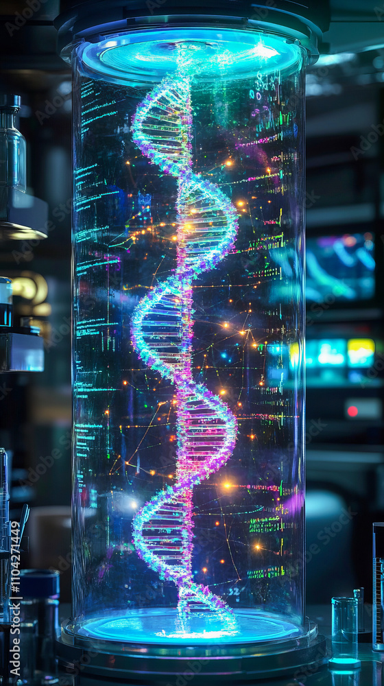Poster glowing dna helix in sci-fi laboratory setting