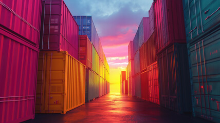 Fototapeta premium Colorful shipping containers at sunset. Generative AI image