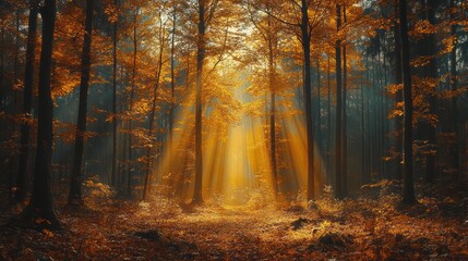 Fototapeta premium Sunbeams illuminate autumn forest path.
