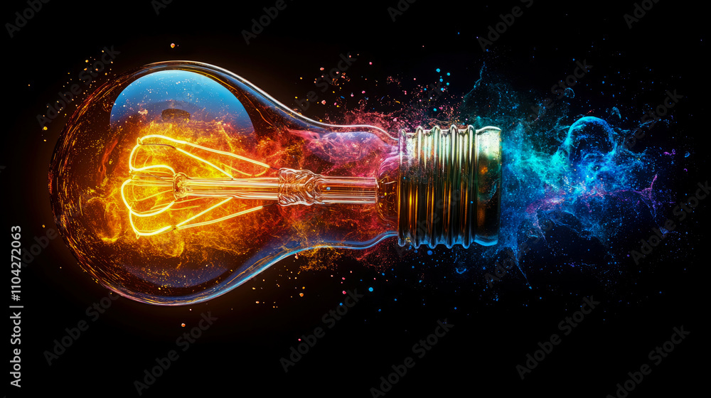 Poster vivid light bulb design featuring dynamic colors and swirling patterns, highlighting the fusion of l