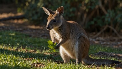Bennett’s wallaby eating a leaf.