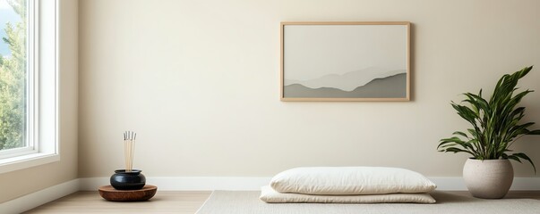Zen meditation room with a floor cushion, incense burner, and calming wall art
