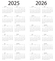Calendar 2025, 2026 year. The week starts on Sunday.