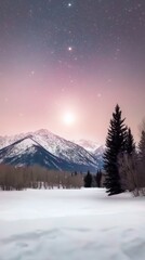Scenic winter landscape with mountains and full moon under a starry night sky