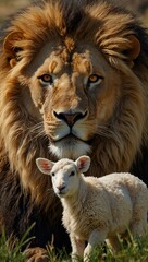 Naklejka premium Biblical lion and lamb illustration symbolizing peace.