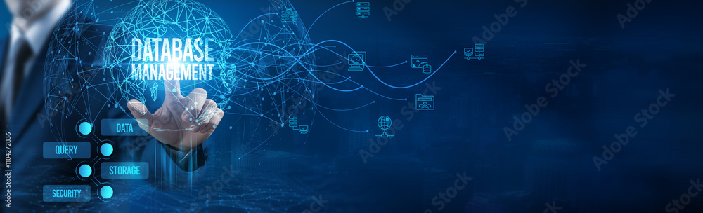 Poster businessman touching database management icon on virtual interface, data security, cloud computing, 