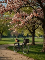 Fototapeta premium Bicycle by a blossoming tree in a park.