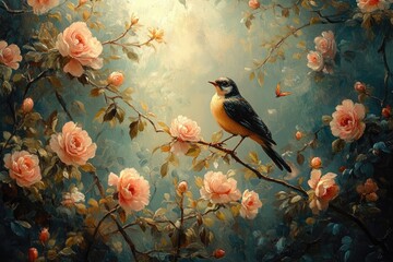 Old vintage rococo painting of bird on blossoming sakura branch. Postcard, invitation, card, poster.