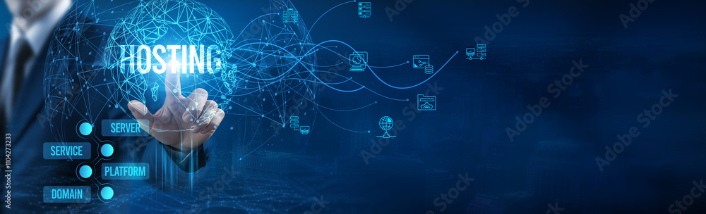 Aufkleber businessman touching hosting icon on virtual interface, cloud hosting services, scalable hosting sol