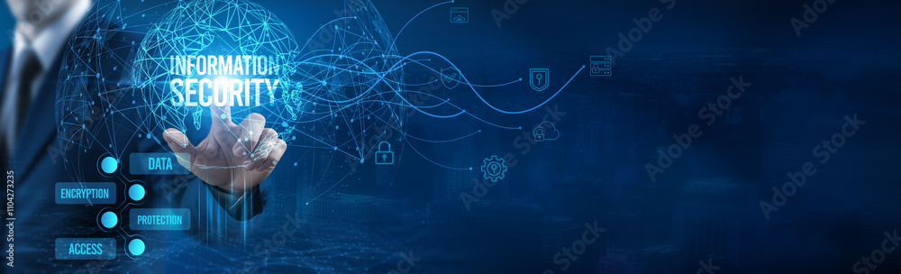 Poster businessman touching information security icon on virtual interfaces, data encryption, network firew