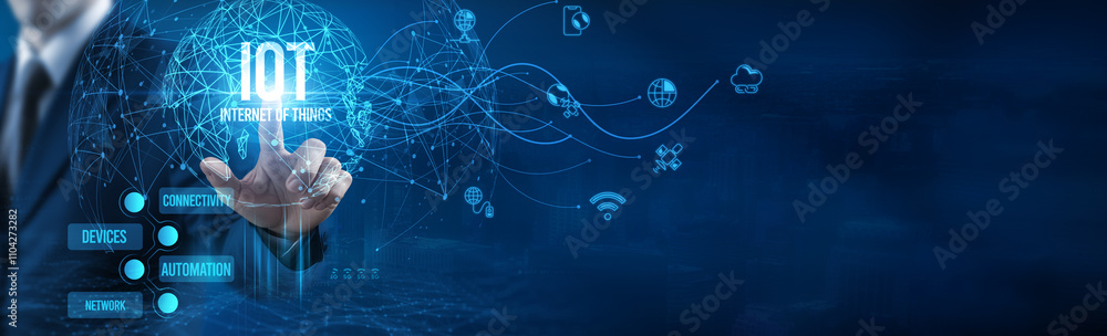 Poster businessman touching internet of things (iot) icon on virtual interfaces, connected devices, smart t
