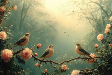 Old vintage rococo painting of bird on blossoming sakura branch. Postcard, invitation, card, poster.