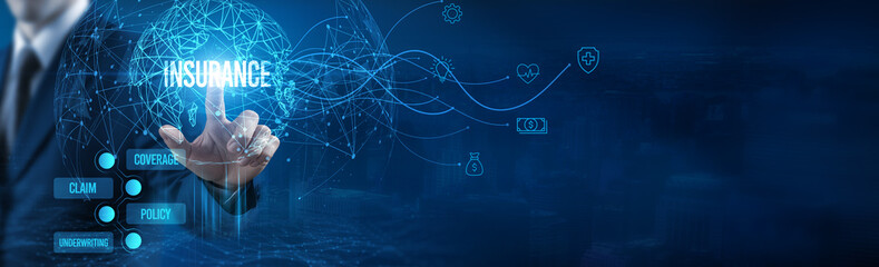 Businessman touching insurance icon on virtual interface, insurance technology, digital...