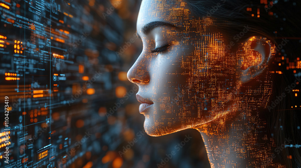 Poster digital portrait of a woman interacting with data in a futuristic environment at night. generative a