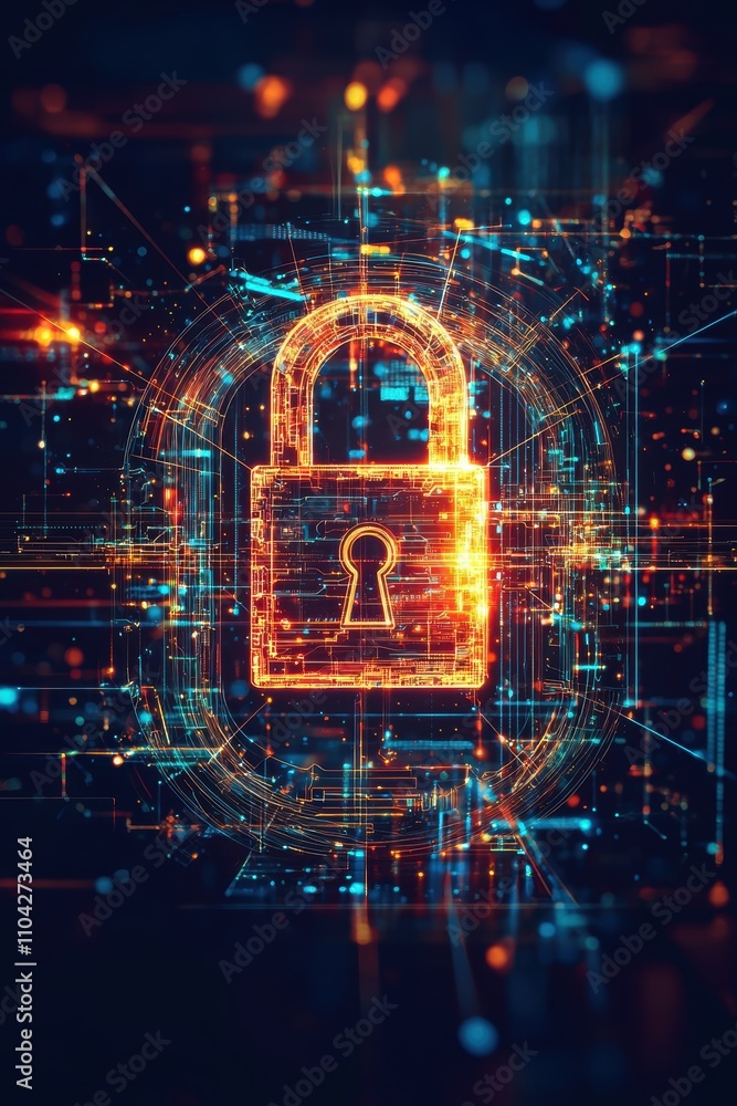 Poster digital security lock symbolizing internet privacy in a vibrant technological abstract design
