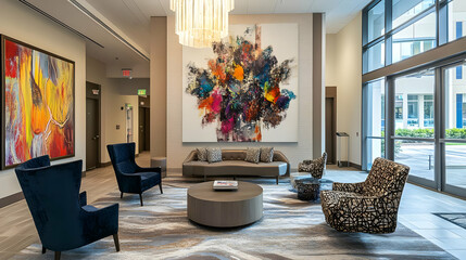 Office interior signage mockups - Modern lobby with stylish furniture and abstract art, creating a welcoming atmosphere.