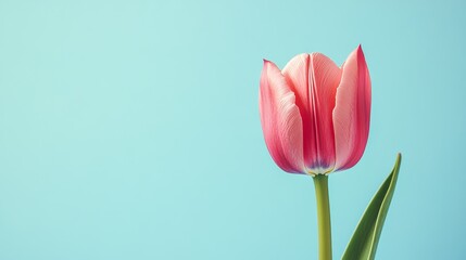 Fototapeta premium A vibrant pink tulip against a soft pastel blue backdrop, close-up shot, Minimalist style