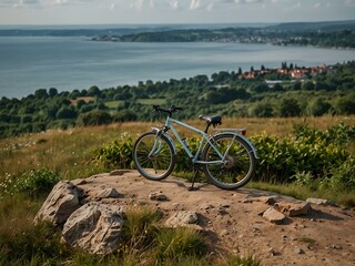 Obraz premium Bike perched on top of a hill with a view of the sea or lake.