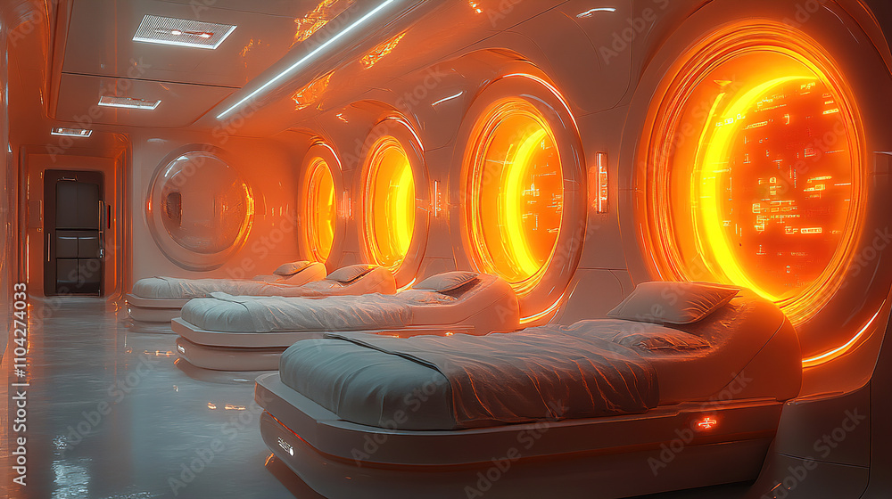 Aufkleber futuristic sleeping quarters with glowing circular windows in a high-tech environment. generative ai