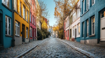 Charming European Street with Colorful Houses and Cobblestone Path