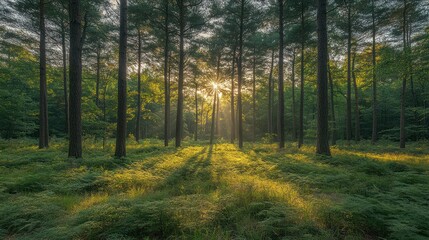 Obraz premium Sunrise illuminating tall pine trees and ferns in a forest.
