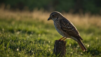 Fototapeta premium Bird perched in a grassy field.