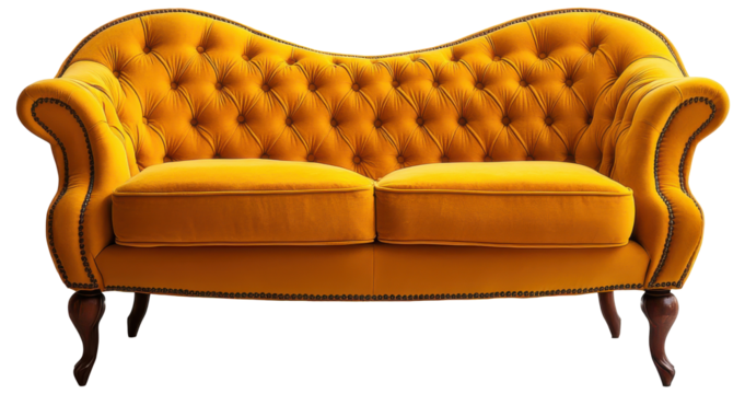 Bright yellow vintage sofa with tufted design and wooden legs in a stylish living room